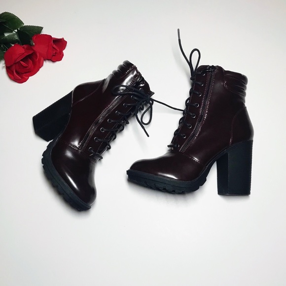 burgundy chunky heel boots